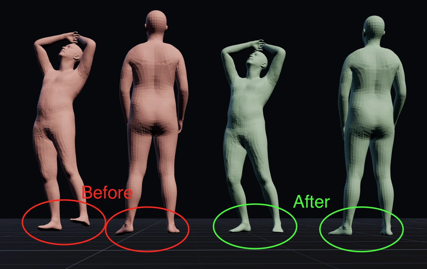 The same two performers before and after the update. Before, their feet float above the floor and tilt at an angle. After, their feet sit flat on the floor.