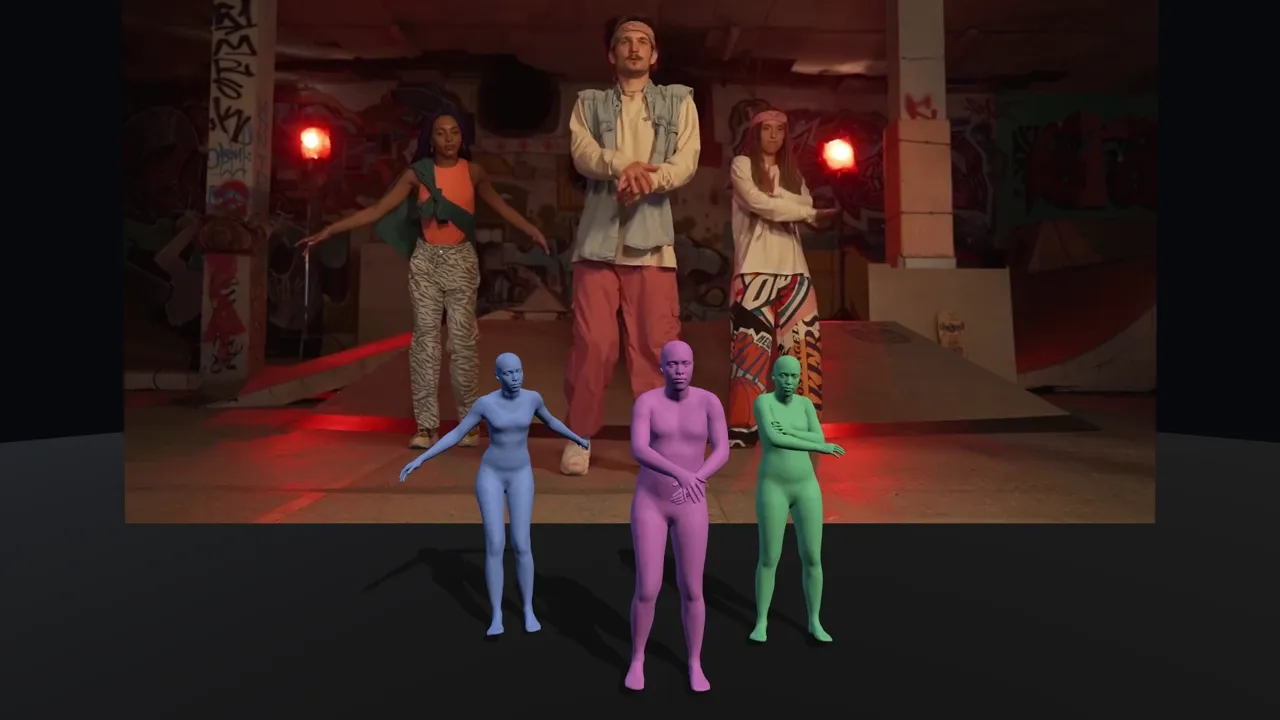 Three dancers in a skatepark, each reconstructed by Mocai as a colour-coded 3D body
